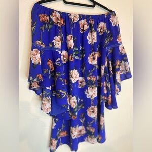 Wishful~Cobalt Blue Textured Floral Tunic Top~Dramatic Bell Sleeves~Size S